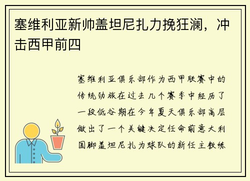 塞维利亚新帅盖坦尼扎力挽狂澜，冲击西甲前四